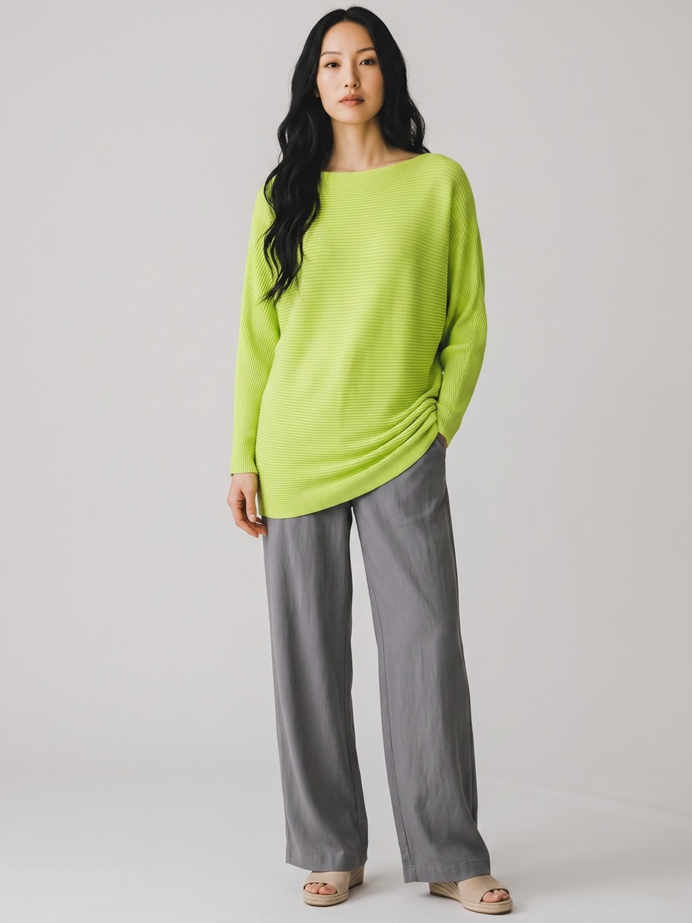 CeCe Neon Lime Off-Shoulder Ribbed Tunic Sweater
